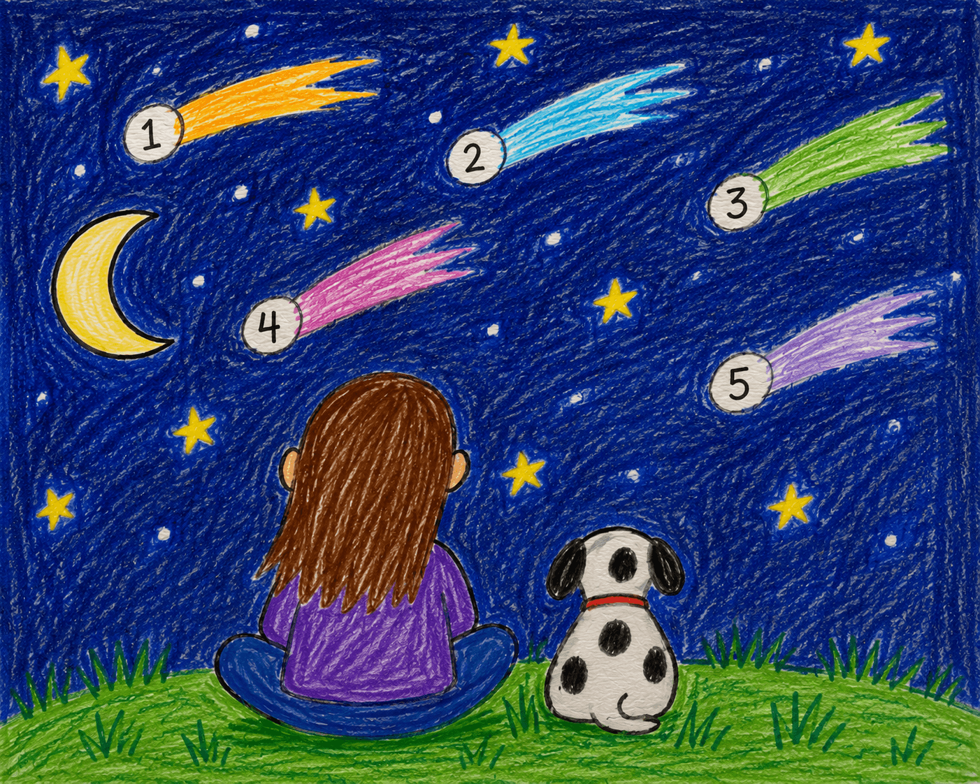 A child and dog count colorful comets in a starry night sky.