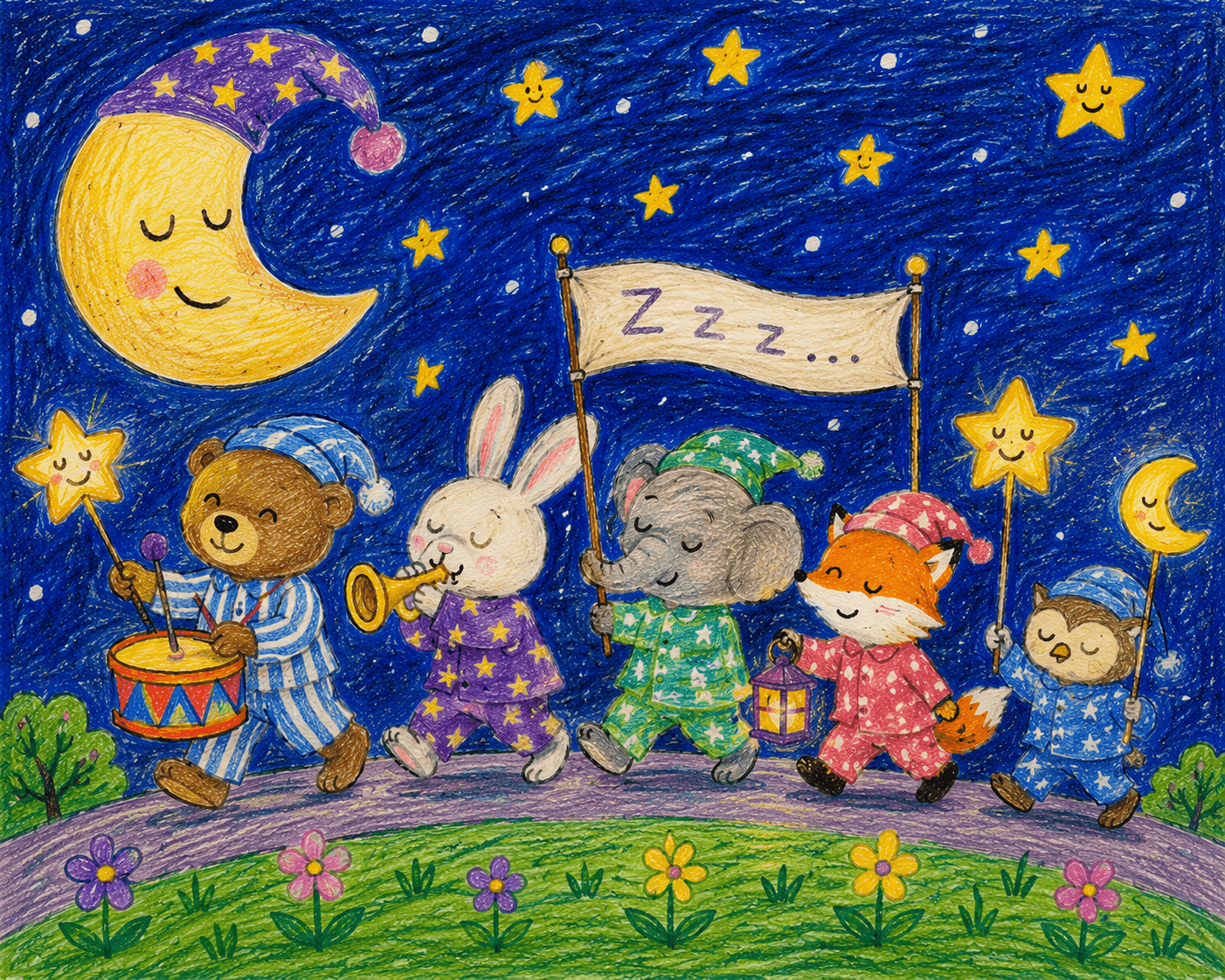 Sleepy animal friends parade under a smiling moon and stars.